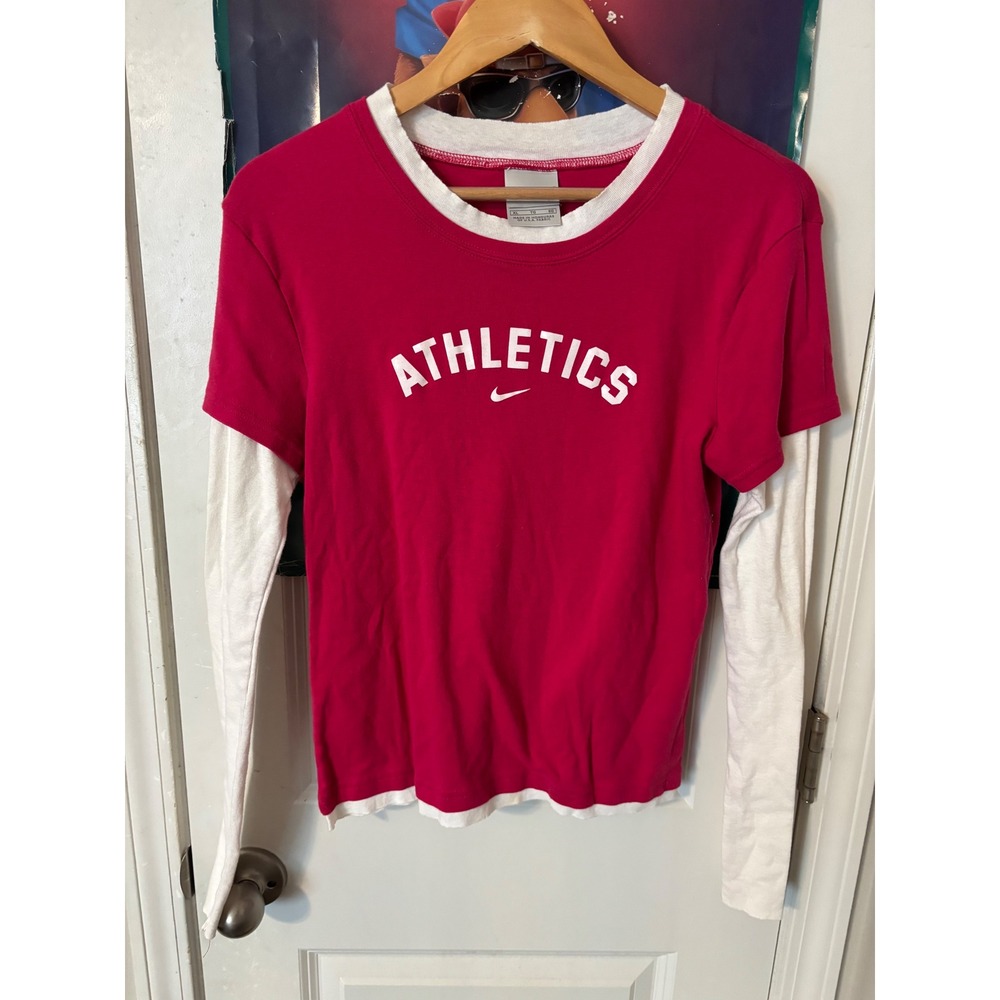 Nike Athletics Pink White Layered Long Sleeve Graphic T-Shirt Womens XL y2k